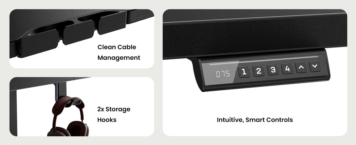 Electric desk cable management, control panel, and storage hooks
