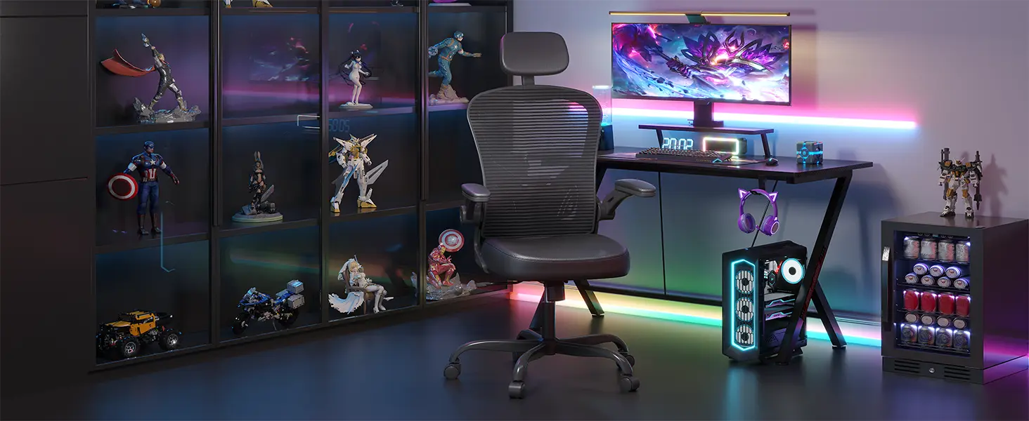 OTKATY ergonomic chair in gaming setup with RGB lighting