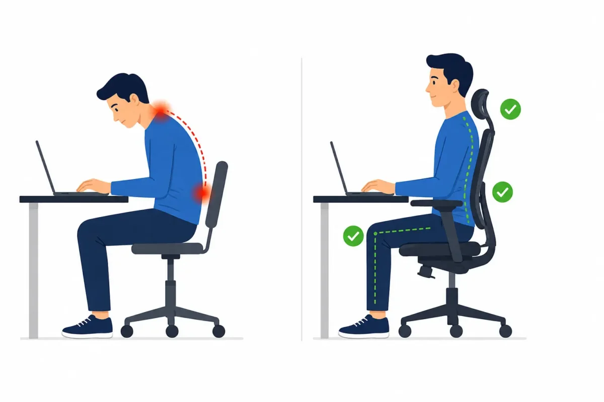 ergonomic chair health check comparing poor slouched posture to correct supported posture in an office chair