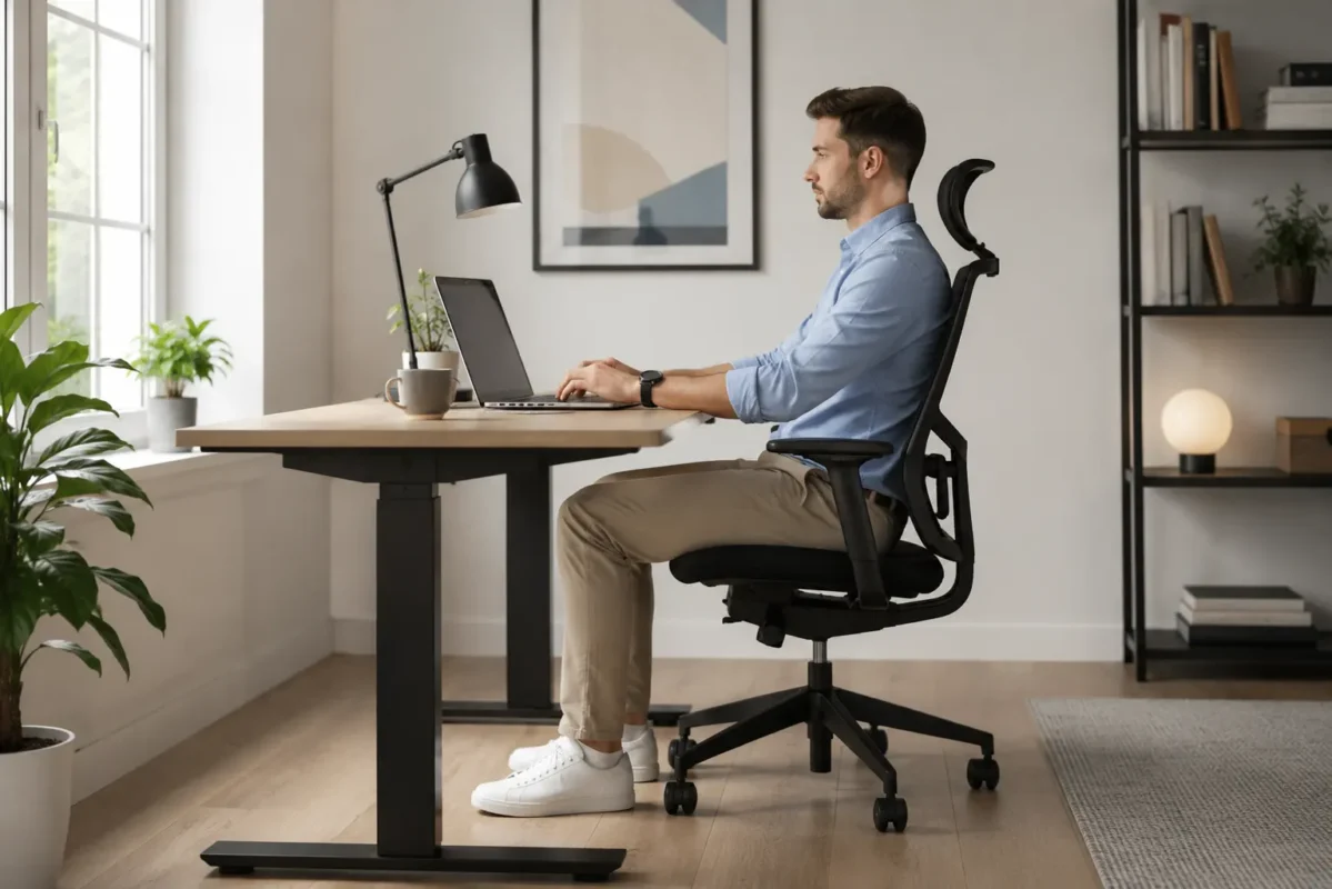 man sitting with correct posture in an adjustable ergonomic office chair at a standing desk